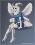  2_toes antennae_(anatomy) anthro arthropod arthropod_abdomen blue_eyes bottomwear breasts clothed clothing feet female fluffy fully_clothed insect insect_wings kitsunewaffles-chan lepidopteran moth multi_arm multi_limb neck_tuft non-mammal_breasts shirt sitting skirt solo toes topwear tuft white_body wings 