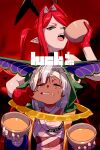  1boy 1girl animal_ears bandages baobhan_sith_(bloody_bunny)_(fate) baobhan_sith_(fate) bare_shoulders black_leotard body_markings bowl breasts cheek_pinching cloak closed_eyes commentary_request crying dark-skinned_male dark_skin demon_wings detached_collar earrings echo_(circa) fake_animal_ears fate/grand_order fate_(series) gloves green_cloak grey_eyes grey_hair hair_intakes hood hooded_cloak jackal_ears jewelry large_breasts leotard long_hair looking_at_viewer medium_hair mummy_costume open_mouth pinching playboy_bunny pointy_ears rabbit_ears red_gloves red_hair sidelocks swept_bangs tutankhamun_(fate) tutankhamun_(unexpected_awakening_of_the_west_king!)_(fate) twintails very_long_hair wings 