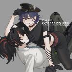  2girls belle_(zenless_zone_zero) belt black_gloves black_hair black_pants black_shirt blue_hair breasts checkered_necktie commentary gloves grey_background hat highres kneeling large_breasts looking_at_viewer lying multicolored_hair multiple_girls necktie on_back pants police_hat ponytail red_belt red_eyes red_streaks shirt streaked_hair tomseachi white_shirt yuri zenless_zone_zero zhu_yuan 