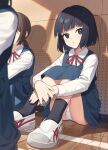  1girl black_eyes black_hair black_socks blue_dress blush closed_mouth commentary_request dress highres indoors knees_up long_sleeves looking_at_viewer neck_ribbon nirareba original panties pantyshot people pinafore_dress red_ribbon ribbon school_uniform shirt shoes short_hair sitting sleeveless sleeveless_dress socks solo_focus underwear white_panties white_shirt white_shoes 