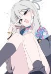  1girl absurdres blue_archive blue_shirt blush commentary_request double-parted_bangs floral_print floral_print_shirt fukunao grey_eyes grey_hair grey_halo halo hawaiian_shirt highres jacket konoka_(blue_archive) long_hair long_sleeves looking_at_viewer mask mask_pull mouth_mask open_mouth print_shirt shirt simple_background smile solo white_background white_mask 