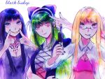  3girls aya-tachi_no_jinsei black_hair blonde_hair blue_eyes bow bra breasts cleavage collared_shirt earrings facial_tattoo finger_gun finger_gun_to_own_head fingersmile glasses green_skirt grey_hair gun hair_bow hairband highres holding holding_gun holding_weapon hoop_earrings isabella_(aya-tachi_no_jinsei) ishigami_aya jacket jewelry long_hair looking_at_viewer medium_breasts multiple_girls neck_tattoo number_tattoo partially_unbuttoned pink_bra pink_lips puffy_short_sleeves puffy_sleeves purple_bow purple_hairband purple_jacket purple_nails red_eyes red_tattoo ribbon round_eyewear saito_mio semi-rimless_eyewear shirt short_sleeves siu5641090 skirt smile tattoo unbuttoned_jacket underwear weapon white_jacket white_ribbon 