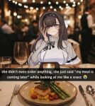  1girl absurdres arknights black_hairband blurry blurry_background blush bow breasts brown_hair closed_mouth commentary crying_emoji emoji english_commentary english_text grey_bow hairband hand_in_own_hair hand_on_own_face highres jacket lapels long_hair long_sleeves looking_at_viewer medium_breasts meme mismatched_pupils nishaprta open_clothes open_jacket photo_background priestess_(arknights) purple_eyes restaurant simple_background smile snapchat sweater turtleneck turtleneck_sweater upper_body white_background white_jacket white_sweater 