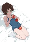  1girl absurdres apple bed_sheet blue_one-piece_swimsuit brown_hair collarbone commentary covered_navel food fruit green_eyes highres holding holding_food holding_fruit idolmaster idolmaster_million_live! idolmaster_million_live!_theater_days kinoshita_hinata looking_at_viewer lying medium_hair monochrome ohgi910 on_back one-piece_swimsuit simple_background smile socks solo swimsuit white_background white_socks 