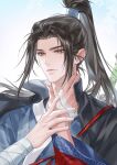  2boys absurdres all_wishes_come_true! animal_print arm_wrap bandaged_hand bandages bird_print bishounen black_cape black_hair blue_hanfu blue_trim brown_eyes cape chinese_clothes chinese_commentary closed_mouth coat commentary_request eyelashes hair_tie hand_on_another's_hand hanfu hechenren high_ponytail highres holding_another's_wrist implied_yaoi long_hair long_sleeves looking_at_viewer lord_of_dark_blade_(all_wishes_come_true!) lv_dongbin_(all_wishes_come_true!) male_focus multiple_boys out_of_frame outdoors ponytail pov pov_hands red_coat shoulder_strap sidelocks sky smile solo_focus sword sword_on_back upper_body weapon weapon_on_back wide_sleeves zhongli_quan_(all_wishes_come_true!) 