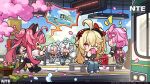  >_< 1boy 4girls ahoge akane_rin_(nte) animal_ears black_gloves blonde_hair blue_eyes blue_pants can cat_ears cat_girl cat_tail chibi commentary copyright_logo copyright_name copyright_notice drinking english_commentary eyewear_on_head female_esper_zero_(city_wanderer)_(nte) female_esper_zero_(nte) fingerless_gloves gloves green_streaks grey_hair hair_ornament haniel_(nte) headphones highres holding holding_can holding_suitcase logo long_hair male_esper_zero_(city_wanderer)_(nte) male_esper_zero_(nte) multicolored_hair multiple_girls nanally_(nte) nanally_(the_popular_kid)_(nte) neverness_to_everness official_alternate_costume official_art one_eye_closed open_mouth pants pink_hair red_eyes red_shoes rolling_suitcase shoes star_(symbol) star_hair_ornament streaked_hair suitcase sunglasses tail train twintails very_long_hair 