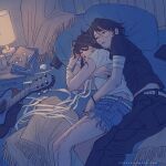  2girls bandaged_arm bandages bed belt black_pants black_shirt blanket blue_shorts cable cellphone commentary couple cuddling dated_commentary denim denim_shorts earphones feet_out_of_frame glasses guitar head_on_pillow highres hug indoors instrument lamp long_hair lying maybe_kizuna multiple_girls on_bed on_side original pants parted_lips phone pillow ribbon round_eyewear shirt short_hair short_sleeves shorts slice_of_life smartphone speech_bubble torn_clothes torn_shorts white_belt white_ribbon white_shirt yuri 