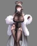  1girl alternate_costume bare_shoulders black_dress black_gloves black_hair black_halo black_thighhighs blue_archive breasts bright_pupils chinese_clothes commentary covered_navel dress earrings fur_shawl garter_belt garter_straps gloves grey_background hair_behind_ear hair_bun hair_ornament hairclip halo hand_on_own_hip hand_up highres huge_breasts jewelry kumi_(kumi86kumi) lace lace-trimmed_thighhighs lace_gloves lace_trim long_hair looking_at_viewer mandarin_collar millennium_science_school_logo multicolored_halo pelvic_curtain qipao red_eyes red_halo ringed_eyes rio_(blue_archive) see-through_cleavage see-through_clothes shaded_face shawl simple_background solo tassel tassel_earrings thighhighs thighs two-tone_halo untranslatable_commentary very_long_hair white_pupils 