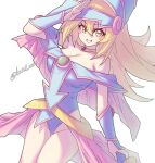  1girl absurdres bare_shoulders blonde_hair blue_hat blush blush_stickers breasts capelet cleavage commentary_request dark_magician_girl duel_monster green_eyes hair_between_eyes hat highres kasei_zero large_breasts long_hair looking_at_viewer open_mouth pentacle pink_capelet pink_skirt simple_background skirt smile solo staff wand white_background wizard_hat yu-gi-oh! 