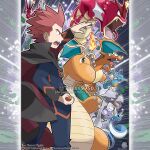  1boy absurdres aerodactyl alternate_color arm_up artist_name black_cape blue_eyes blue_pants blue_shirt cape charizard closed_mouth commentary company_name copyright_notice dragon dragon_wings dragonair dragonite english_commentary fangs fire flame-tipped_tail from_side green_eyes gyarados head_wings highres holding holding_poke_ball horns kingdra lance_(pokemon) long_sleeves looking_ahead lower_teeth_only male_focus mega_stone merchandise_available nostrils official_style open_mouth outline pants pillarboxed poke_ball pokemon pokemon_(creature) pokemon_heartgold_and_soulsilver pokemon_team red_cape red_eyes red_hair repeat_ball sharp_teeth shiny_pokemon shirt short_hair single_horn smile sparkle spiked_hair standing tail teeth tom_higgins tongue twitter_username two-sided_cape two-sided_fabric two-tone_cape upper_teeth_only variant_set watermark white_outline wings 