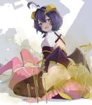  2girls ahoge ass back_cutout black_boots blush boots clothing_cutout commentary_request cross-shaped_pupils detached_ahoge drill_hair fang fart forward-facing_horns gas hair_between_eyes hanabishi_haruka high_heels highres hiiragi_utena horns long_hair looking_back low_wings lying magia_baiser magia_magenta magical_girl mahou_shoujo_ni_akogarete multiple_girls on_back open_mouth pink_boots pink_shirt purple_hair revealing_clothes shirt short_hair sitting sitting_on_face sitting_on_person skin_fang smell symbol-shaped_pupils thigh_boots tsuchiro_(fgnj3324) twin_drills twintails variant_set_available wings yellow_eyes yellow_horns yuri 