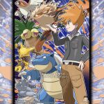  1boy absurdres alakazam arcanine artist_name belt black_belt black_jacket blastoise blue_oak brown_eyes brown_hair brown_pants cargo_pants claws closed_mouth commentary company_name copyright_notice english_commentary exeggutor fangs from_side grin hand_on_own_hip highres holding holding_poke_ball horns jacket long_sleeves male_focus merchandise_available multiple_heads official_style open_mouth outline pants pidgeot poke_ball poke_ball_(basic) pokemon pokemon_(creature) pokemon_heartgold_and_soulsilver pokemon_team red_eyes rhydon short_hair single_horn smile spiked_hair standing tom_higgins v-shaped_eyes watermark white_outline 