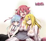  3girls :d akaimato bare_shoulders black_dress blonde_hair blue_hair blush breasts bright_pupils chest_tattoo cleavage cleavage_cutout closed_eyes clothing_cutout collar collarbone copyright_logo copyright_name demons_roots_(series) detached_collar dress flat_chest flower geoluise_(king_exit) group_hug guine_(king_exit) hair_flower hair_ornament hair_ribbon half-closed_eyes hand_on_another's_arm hand_on_another's_waist happy highres hug king_exit large_breasts logo long_hair looking_at_viewer medium_breasts multiple_girls non-web_source official_alternate_costume official_art pink_hair pink_ribbon red_eyes ribbon shirt sidelocks simple_background sitting smile source_request sparkle spiked_hair stiara_(king_exit) tattoo two-tone_dress white_collar white_flower white_pupils white_shirt 