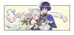  1boy 1girl armlet armor asymmetrical_sidelocks belt bishounen black_belt black_bodysuit black_bow black_bridal_gauntlets blue_gem blue_kimono blue_sleeves blunt_ends blush bodysuit border bow braid bridal_gauntlets cape closed_eyes commentary_request couple detached_sleeves dress eyelashes facing_to_the_side furisode gem genshin_impact gold gold_armlet gold_belt gold_ring gold_trim green_cape green_hair green_sleeves hair_intakes hair_ornament half_crown_braid happy heart hetero hug japanese_armor japanese_clothes jewelry juban kimono kote kurokote layered_sleeves leaf leaf_hair_ornament long_hair looking_at_another mandarin_collar middle_ring multicolored_hair nahida_(genshin_impact) nervous_sweating onigiri_po_0205 open_clothes open_kimono open_mouth outline pointy_ears pom_pom_(clothes) purple_cape purple_eyes purple_hair purple_rope purple_sash rope sash scaramouche_(genshin_impact) short_sleeves side_cape sidelocks single_bare_shoulder smile streaked_hair surprise_hug surprised sweat translation_request tsurime wanderer_(genshin_impact) white_background white_border white_dress white_hair white_kimono white_outline white_sleeves wispy_bangs yellow_background 