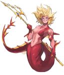  1girl absurdres blonde_hair blue_eyes breasts colored_skin commentary english_commentary facial_mark fins full_body grin head_fins highres holding_trident kneeless_mermaid medium_breasts mermaid monster_girl muscular muscular_female no_eyebrows no_nipples original polearm red_skin signature smile snoozincopter solo trident weapon 