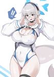  ! !! 1girl absurdres black_eyes blue_archive blue_one-piece_swimsuit blush breasts cetacean_tail choker cleavage commentary_request covered_navel fins fish_tail glasses grey_hair halo headphones highres hooded_shrug isao kotone_(blue_archive) large_breasts long_sleeves one-piece_swimsuit open_mouth round_eyewear short_hair shrug_(clothing) solo swimsuit tail thigh_strap thighs two-tone_one-piece_swimsuit white_one-piece_swimsuit white_shrug 