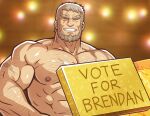  1boy arm_hair bad_id bad_twitter_id bara beard brendan_(fire_emblem) chest_hair closed_eyes english_text facial_hair facing_viewer fire_emblem fire_emblem:_the_blazing_blade fire_emblem_heroes grin large_pectorals male_focus multiple_scars muscular muscular_arms muscular_male nipples pectorals scar scar_across_eye scar_on_arm scar_on_chest scar_on_face short_hair smile solo teeth zelo-lee 