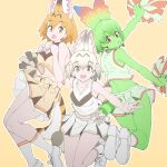  3girls animal_ears brown_background cat_ears cat_girl cat_tail cellval cheering cheerleader colored_skin commentary_request extra_ears green_hair green_skin grey_hair highres jumping kemono_friends looking_at_viewer lowlandgorilla multiple_girls orange_hair pom_pom_(cheerleading) serval_(kemono_friends) shoes short_hair skirt socks tail tank_top white_serval_(kemono_friends) 