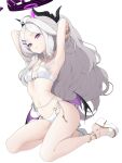  1girl =_= ahoge armpits arms_up bikini black_halo black_horns blue_archive breasts commentary_request cosplay demon_girl demon_horns demon_wings halo highres hina_(blue_archive) horns koflif long_hair looking_at_viewer low_wings makoto_(blue_archive) makoto_(blue_archive)_(cosplay) makoto_(swimsuit)_(blue_archive) multiple_horns navel o-ring_bikini_bottom parted_bangs purple_eyes purple_halo purple_wings side-tie_bikini_bottom simple_background small_breasts solo stomach swimsuit white_background white_bikini white_hair wings 