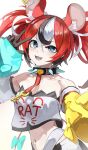  1girl animal_ear_fluff animal_ears asymmetrical_sleeves bare_shoulders black_gloves black_hair black_streaks blue_eyes bow cheese choker clothes_writing commentary detached_sleeves dice_hair_ornament double-parted_bangs food gloves hair_between_eyes hair_ornament hakos_baelz hakos_baelz_(1st_costume) highres hololive hololive_english key lazyramen looking_at_viewer midriff mouse_ears mouse_tail mousetrap multicolored_hair multicolored_skirt navel open_mouth red_hair sharp_teeth skirt spiked_choker spikes streaked_hair tail tail_bow tail_ornament teeth twintails uneven_twintails virtual_youtuber w white_hair 