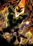  3boys abs animal_print black_bodysuit black_hair blue_bodysuit bodysuit boots character_logo city clenched_teeth colored_skin commentary dual_wielding dust facial_hair firing gloves glowing glowing_eyes godtail gradient_sky green_eyes green_hair green_skin gun handgun highres holding hulk lightning looking_to_the_side male_focus marvel multicolored_bodysuit multiple_boys muscular muscular_male obliques orange_sky red_bodysuit restrained rock short_hair silk sky spider-man spider-man_(original_suit) spider-man_(series) spider_print spider_web_print stubble superhero_costume teeth the_incredible_hulk_(series) the_punisher_(character) the_punisher_(series) veins veiny_arms weapon white_boots white_gloves 