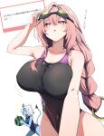  2girls absurdres adjusting_goggles black_one-piece_swimsuit blue_horns blue_one-piece_swimsuit blue_oni blue_skin breasts caseee999 collarbone colored_skin commentary_request covered_navel food fruit goggles goggles_on_head hair_between_eyes hair_between_horns highres holding holding_food holding_fruit horns large_breasts long_hair looking_at_viewer marshmallow_(site) motion_lines multicolored_horns multiple_girls one-piece_swimsuit oni pink_eyes pink_hair request_inset ring_hair_ornament skin-covered_horns soukaku_(zenless_zone_zero) swim_goggles swimsuit translation_request tsukishiro_yanagi two-tone_horns two-tone_tail watermelon white_hair zenless_zone_zero 