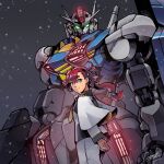  1girl absurdres asticassia_school_uniform black_hairband commentary cosmo-5 dark_background glowing glowing_eyes green_eyes gundam gundam_aerial gundam_suisei_no_majo hairband highres long_hair looking_at_viewer looking_back low-tied_long_hair low_ponytail mecha mobile_suit red_hair robot school_uniform science_fiction signature smile suletta_mercury upper_body 