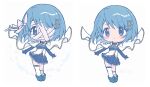  1girl @lm bandage_over_one_eye bandaged_head bandaged_leg bandages blue_boots blue_collar blue_eyes blue_gem blue_gloves blue_hair blue_shirt blue_skirt blue_sleeves blush_stickers boots buttons cape chibi closed_mouth clothing_cutout collar collared_cape commentary_request covered_mouth detached_collar detached_sleeves determined diamond_button eyes_visible_through_hair floating_cape fortissimo frilled_shirt frills frown gem gloves hair_ornament hairclip high_collar highres long_sleeves magical_girl mahou_shoujo_madoka_magica mahou_shoujo_madoka_magica:_walpurgis_no_kaiten miki_sayaka miki_sayaka_(magical_girl) miniskirt musical_note musical_note_hair_ornament pleated_skirt shirt short_hair simple_background single_thighhigh skirt soul_gem_(madoka_magica) standing stomach_cutout stomach_jewel strapless strapless_shirt tareme thighhighs two-tone_shirt variations white_background white_cape white_shirt white_thighhighs 