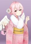  1girl ahoge alternate_costume angel_wings aogiri_koukou blush closed_mouth commentary_request cowboy_shot feathered_wings floral_print floral_print_kimono fur_scarf furisode gabu_rielu gradient_background heart heart_ahoge highres japanese_clothes kimono kinchaku long_hair obi obidome pink_eyes pink_hair pink_kimono pouch print_kimono purple_background raised_eyebrows sash simple_background smile solo taachika virtual_youtuber w_arms white_wings wide_sleeves wings yellow_sash 