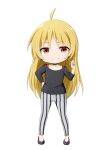  1girl ahoge bangs black_footwear black_shirt blonde_hair bocchi_the_rock! closed_mouth collarbone full_body grey_pants hand_on_hip hand_up highres ijichi_seika kuena long_hair long_sleeves pants parted_bangs red_eyes shirt shoes simple_background smile solo standing striped striped_pants vertical-striped_pants vertical_stripes very_long_hair white_background 