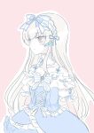  1girl arms_at_sides artist_name assault_lily bare_shoulders blue_bow blue_bowtie blush bow bowtie brown_eyes closed_mouth clothing_cutout collar commentary_request dress dress_bow egawa_kusumi frilled_dress frilled_sleeves frills fumi_(fumifumi3axl) grey_hair hair_between_eyes hairband highres light_smile lolita_fashion lolita_hairband long_hair looking_ahead official_alternate_costume outline pink_background puffy_short_sleeves puffy_sleeves short_sleeves shoulder_cutout sidelocks simple_background solo standing striped_bow upper_body very_long_hair white_collar white_hairband white_outline 