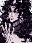  1boy battle_tendency cappuris commentary earrings english_commentary eyeshadow hand_up highres horns jewelry jojo_no_kimyou_na_bouken kars_(jojo) limited_palette long_hair makeup male_focus manly muscular muscular_male purple_scarf red_eyes scarf solo tiara topless_male wavy_hair 