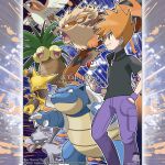  1boy absurdres aerodactyl alakazam arcanine artist_name black_shirt blastoise blue_oak brown_eyes brown_hair cargo_pants claws closed_mouth collared_shirt commentary company_name copyright_notice english_commentary exeggutor fangs from_side green_eyes grin hand_in_pocket highres jewelry lower_teeth_only male_focus merchandise_available multiple_heads necklace official_style open_mouth outline pants pidgeot poke_ball poke_ball_(basic) pokemon pokemon_(creature) pokemon_firered_and_leafgreen pokemon_team purple_pants sharp_teeth shirt short_hair short_sleeves smile spiked_hair standing teeth tom_higgins v-shaped_eyes watermark white_outline wristband 