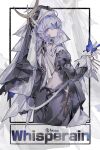  1girl absurdres arknights backless_dress backless_outfit black_dress blue_butterfly bug butterfly butterfly_on_hand butterfly_over_eye chinese_commentary closed_mouth commentary_request cowboy_shot dress from_behind highres juliet_sleeves long_sleeves looking_at_viewer looking_back mido_(mido_chen) nun nun_headdress official_alternate_costume puffy_sleeves purple_eyes purple_hair solo whisperain_(arknights) whisperain_(priory_of_abyss)_(arknights) zoom_layer 