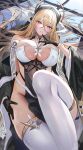  1girl azur_lane between_breasts black_gloves black_veil blush breast_cutouts breasts chain cleavage commentary_request covered_navel dress fake_horns forward-facing_horns gloves hair_between_eyes hair_spread_out half_gloves highres horns huge_breasts implacable_(azur_lane) long_bangs long_hair long_hair_between_eyes looking_at_viewer nun otabaaa pelvic_curtain revealing_clothes solo thighhighs two-tone_dress veil very_long_hair white_background white_horns white_thighhighs 