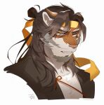  arknights furrowed_brow furry furry_male hachi_duchi headband highres huai_tianpei_(arknights) kanji long_hair looking_at_viewer male_focus signature simple_background tiger_boy white_background yellow_eyes yellow_headband 