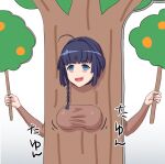  1girl ahoge breasts commentary_request empty_eyes framed_breasts gotointhepark highres honkai_(series) honkai_impact_3rd large_breasts long_hair open_mouth purple_eyes purple_hair raiden_mei solo translation_request tree_costume 
