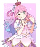  1girl :q arched_crown blue_hair bracelet candy_hair_ornament commentary_request crescent crescent_earrings crown detached_collar donut dress earrings food food-themed_hair_ornament frilled_dress frills gold_bracelet gradient_hair green_eyes hair_ornament highres himemori_luna himemori_luna_(1st_costume) holding holding_food hololive index_finger_raised jewelry layered_dress long_hair multicolored_hair off-shoulder_dress off_shoulder one_eye_closed pink_dress pink_hair puffy_short_sleeves puffy_sleeves short_sleeves solo tongue tongue_out yuki_yuxtuke 