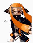  1girl :/ artist_name bangs bike_shorts black_cape black_shirt blunt_bangs bright_pupils cape closed_mouth commentary_request copyright_name cropped_legs english_text finger_on_trigger grey_background headphones hero_shot_(splatoon) highres holding holding_weapon inkling inkling_girl long_hair long_sleeves looking_at_viewer orange_eyes orange_hair shirt shogo_(shogo70449442) sidelocks signature simple_background solo splatoon_(series) splatoon_1 straight-on tentacle_hair tentacles twintails v-shaped_eyebrows vest weapon white_pupils white_vest wind 