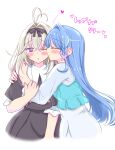  2girls absurdres affectionate aqua_vest black_bow black_hair black_hairband black_shirt black_skirt blonde_hair blush bow bow_hairband butterfly_hair_ornament closed_eyes closed_mouth collar commentary_request couple cropped_legs dress geass-takatoseedman_zenryokuss hair_intakes hair_ornament hairband hand_on_another's_arm heart highres howa_kurea howa_kurea_(civilian) hug hug_from_side kiss kissing_cheek long_hair long_sleeves meitantei_precure! moria_luluka moria_luluka_(civilian) multiple_girls one_eye_closed parted_lips precure profile purple_eyes raised_inner_eyebrows shirt simple_background skirt smile straight_hair translation_request very_long_hair vest white_background white_collar white_dress yuri 