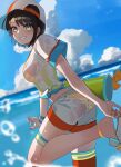  1girl absurdres adjusting_clothes adjusting_shoe anklet ass asymmetrical_hair bangs baseball_cap bikini bikini_under_clothes black_hair blue_eyes blue_sky blurry blurry_background blush breasts clenched_teeth cloud cloudy_sky commentary_request foot_out_of_frame from_behind hat highres hololive hoshirapu jewelry leaning_forward legs looking_back medium_breasts medium_hair nail_polish ocean oozora_subaru outdoors red_thighhighs shadow shiny_skin shirt shoe_dangle short_shorts short_sleeves shorts sidelocks sideways_hat single_thighhigh skindentation sky smile solo splashing standing standing_on_one_leg striped striped_bikini striped_shirt sweatdrop swept_bangs swimsuit teeth thigh_strap thighhighs thighs tied_shirt virtual_youtuber water wet wet_clothes wet_shirt white_shirt yellow_bikini 