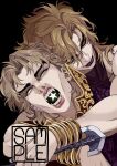  2boys arrow_(jojo) birthmark black_background blonde_hair bracelet closed_eyes dio_brando dual_persona fangs highres huang_lia hug jewelry joestar_birthmark jojo_no_kimyou_na_bouken long_hair male_focus multiple_boys muscular muscular_male open_mouth phantom_blood purple_lips sample_watermark smirk star_(symbol) stardust_crusaders teeth vampire yellow_eyes 