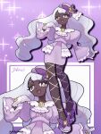  1girl ascot commentary_request dark-skinned_female dark_skin dress fascinator fishnet_thighhighs fishnets frilled_ascot frills full_body gloves highres jacinthe_(pokemon) long_hair long_sleeves looking_at_viewer low_drills mega_stone open_mouth pokemon pokemon_legends:_z-a purple_background purple_dress purple_eyes purple_hair purple_shoes sandora_(karugamo_no_e) shoes simple_background solo standing thighhighs white_gloves 