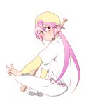  1girl baseball_bat baseball_cap baseball_uniform blush closed_mouth commentary_request from_side hair_between_eyes hand_on_own_knee hat highres indian_style jikkyou_powerful_pro_yakyuu kawahoshi_homura long_hair looking_at_viewer low_twintails nekomarunko pants pink_hair shirt shirt_under_shirt simple_background sitting socks solo sportswear twintails white_background white_pants white_shirt white_socks yellow_eyes yellow_shirt 