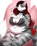  amur anthro astria_rose big_breasts breasts choker cleavage clothed clothing domestic_cat eyelashes eyeshadow feathered_wings feathers felid feline felis female fur green_eyes grey_body grey_fur hair hi_res jewelry lingerie long_hair makeup mammal navel necklace overweight overweight_anthro overweight_female partially_clothed red_hair sitting smile solo thick_thighs thong underwear white_body white_fur wings 
