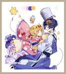  1boy 1girl artist_name aurora_sya_lis_kaymin aurora_sya_lis_kaymin_(cosplay) black_hair blonde_hair blunt_ends border bow brown_border cassock chopgiu closed_mouth cosplay demon_cleric demon_cleric_(cosplay) dress eyelashes eyeliner fingernails frilled_pillow frilled_sleeves frills genshin_impact goat_horns gold_tiara gold_trim hair_ornament hand_on_another's_arm hat hetero highres horns hug layered_sleeves long_sleeves looking_at_another lumine_(genshin_impact) makeup maou-jou_de_oyasumi mitre open_mouth pillow pink_dress pink_sleeves polka_dot polka_dot_dress purple_eyes purple_sleeves red_bow red_eyeliner robe scaramouche_(genshin_impact) short_hair short_hair_with_long_locks sidelocks star_(symbol) star_in_eye stuffed_animal stuffed_toy symbol_in_eye teddy_bear teeth tiara upper_teeth_only white_background white_hat white_robe white_sleeves yellow_eyes 