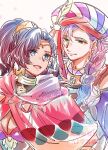  1boy 1girl blue_hair blush braid breasts circlet cleavage cloak closed_mouth commentary_request couple crescent crescent_earrings dark-skinned_female dark_skin earrings fire_emblem fire_emblem:_fortune's_weave gold_choker gold_earrings green_eyes hair_ornament hat hat_feather hetero high_ponytail highres jewelry large_breasts leda_(fire_emblem) long_hair necklace open_mouth ponytail purple_hair red_cloak sirocco_(fire_emblem) smile turban upper_body wavy_hair white_background yutohiroya 