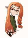  1girl :&gt; arm_at_side artist_name bangs blunt_bangs braid bright_pupils closed_mouth collared_shirt commentary flat_chest from_side green_shirt hair_tie happy highres inkling inkling_girl long_hair long_sleeves looking_at_viewer orange_eyes orange_hair pointy_ears shirt shogo_(shogo70449442) sidelocks signature simple_background single_braid smile solo splatoon_(series) split_mouth tentacle_hair tentacles twintails upper_body white_background white_pupils 