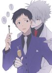  11kkr 2boys black_shirt blue_eyes buttons champagne_flute choppy_bangs commentary_request cup dress_shirt drinking_glass front-to-back grey_hair hair_between_eyes ikari_shinji male_focus multiple_boys nagisa_kaworu necktie neon_genesis_evangelion open_mouth purple_suit red_eyes red_necktie shirt short_hair simple_background speech_bubble suit translation_request upper_body vest waistcoat white_background white_suit yaoi 