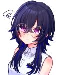  1girl bespectacled black_hair blue_streaks blush closed_mouth collared_shirt commentary_request earrings glasses grey-framed_eyewear highres ichinose_uruha ichinose_uruha_(4th_costume) jewelry long_hair looking_at_viewer minchiii multicolored_hair purple_eyes round_eyewear shirt simple_background sleeveless sleeveless_shirt solo squiggle streaked_hair upper_body virtual_youtuber vspo! white_background white_shirt wolf_cut 